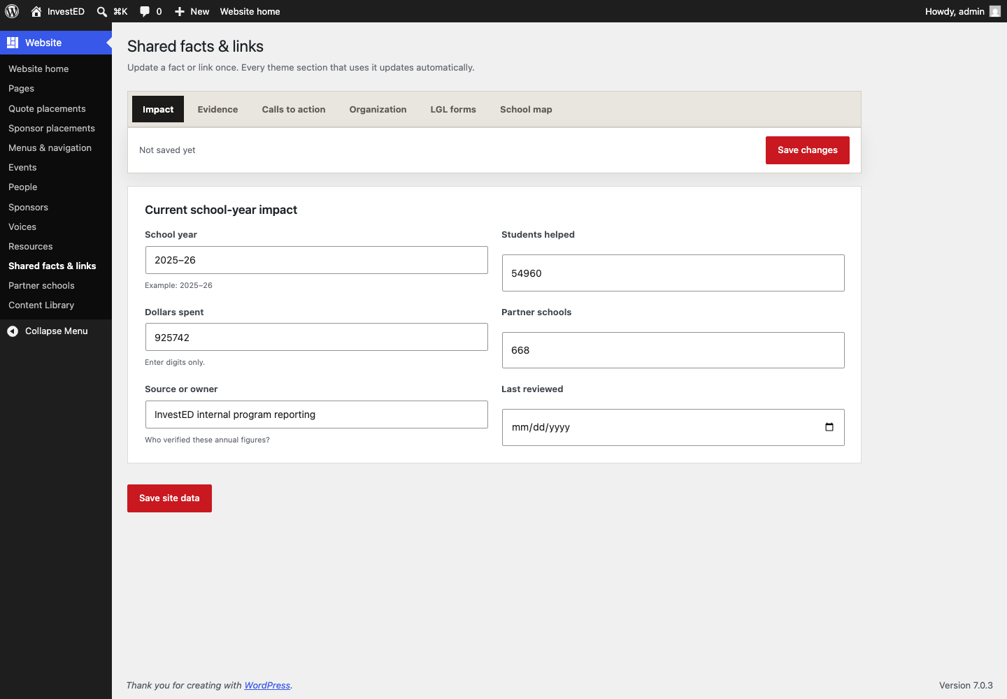 The Shared facts and links editor I built, with fields for the school year, students helped, dollars spent, partner schools, source and last reviewed date